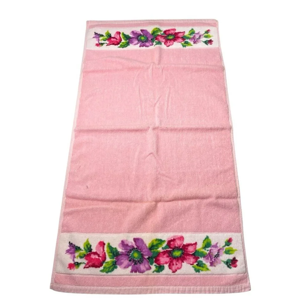 Vintage Pink Floral Hand Towel Indanthren Spring Flowers 18”x35”